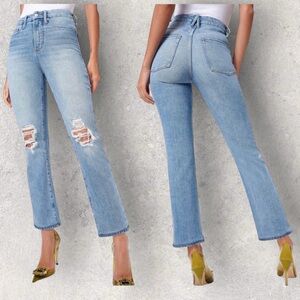 Good American Good Waist Distressed Blue Denim Jeans